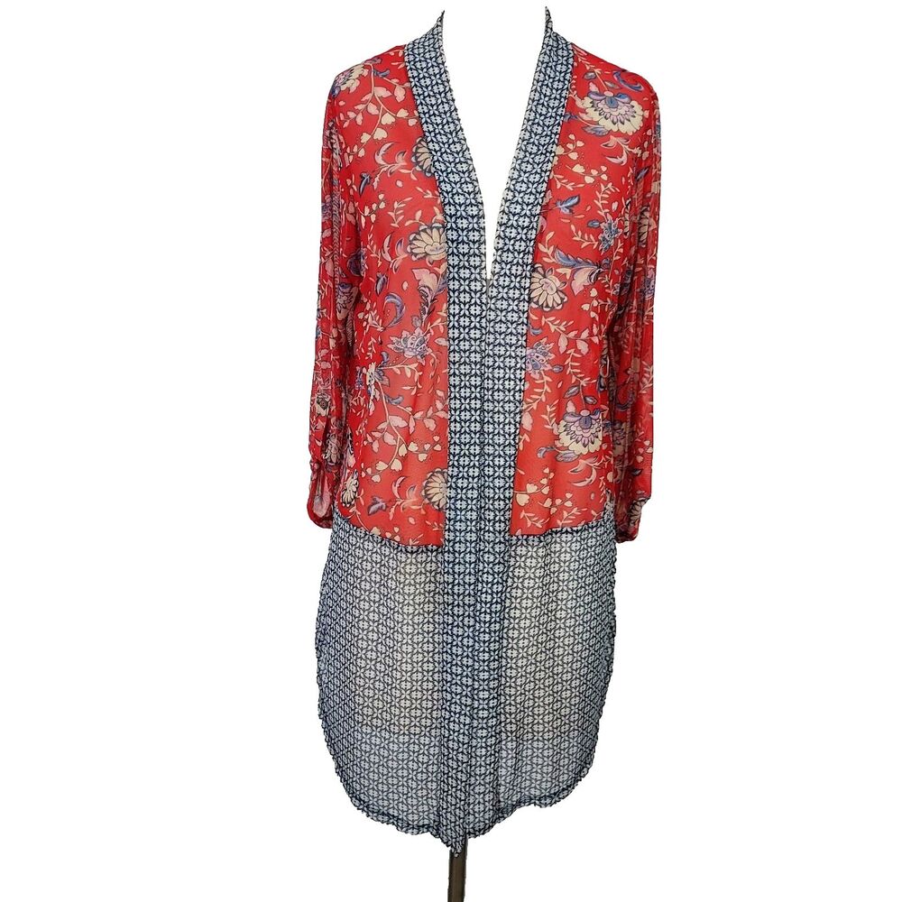 Avenue Sheer Mesh Cardigan Duster Women Size 14 16 Roll Up Sleeve Tab Stretch